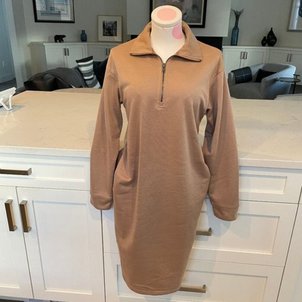Wishlist 14 Zip LS Collared Drop Shoulders Sweatshirt Midi Dress Tan Sz S NWOT